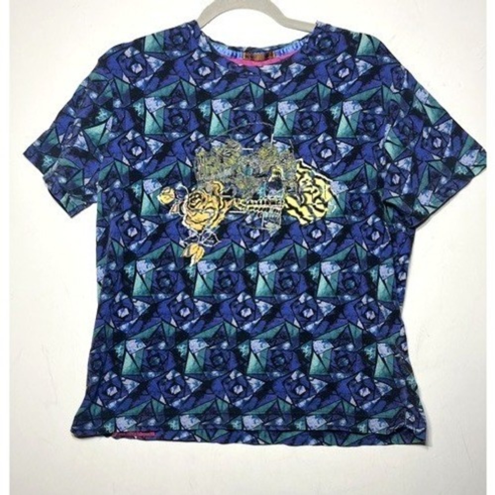 Robert Graham Mens Blue Stained Glass Rose Print Graphic T-Shirt Size M Cotton